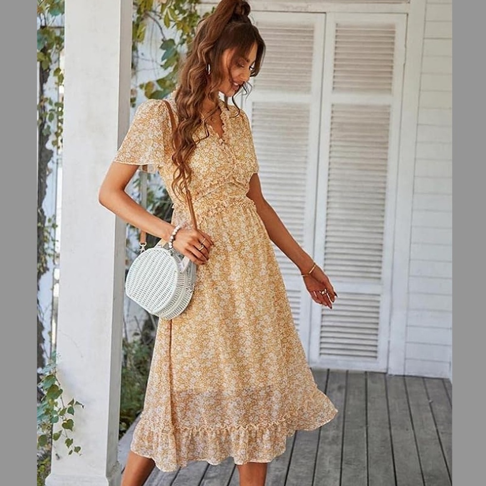 Comeon Women Yellow Boho Floral Print Ruffle Short Sleeve Deep V-Neck Midi Dress